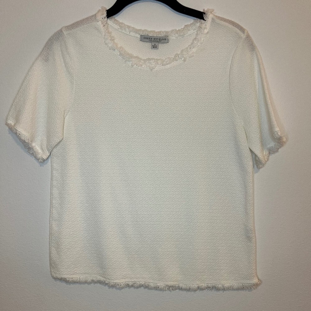 Green Envelope Los Angeles White Textured Fringe Trim Top - Size S